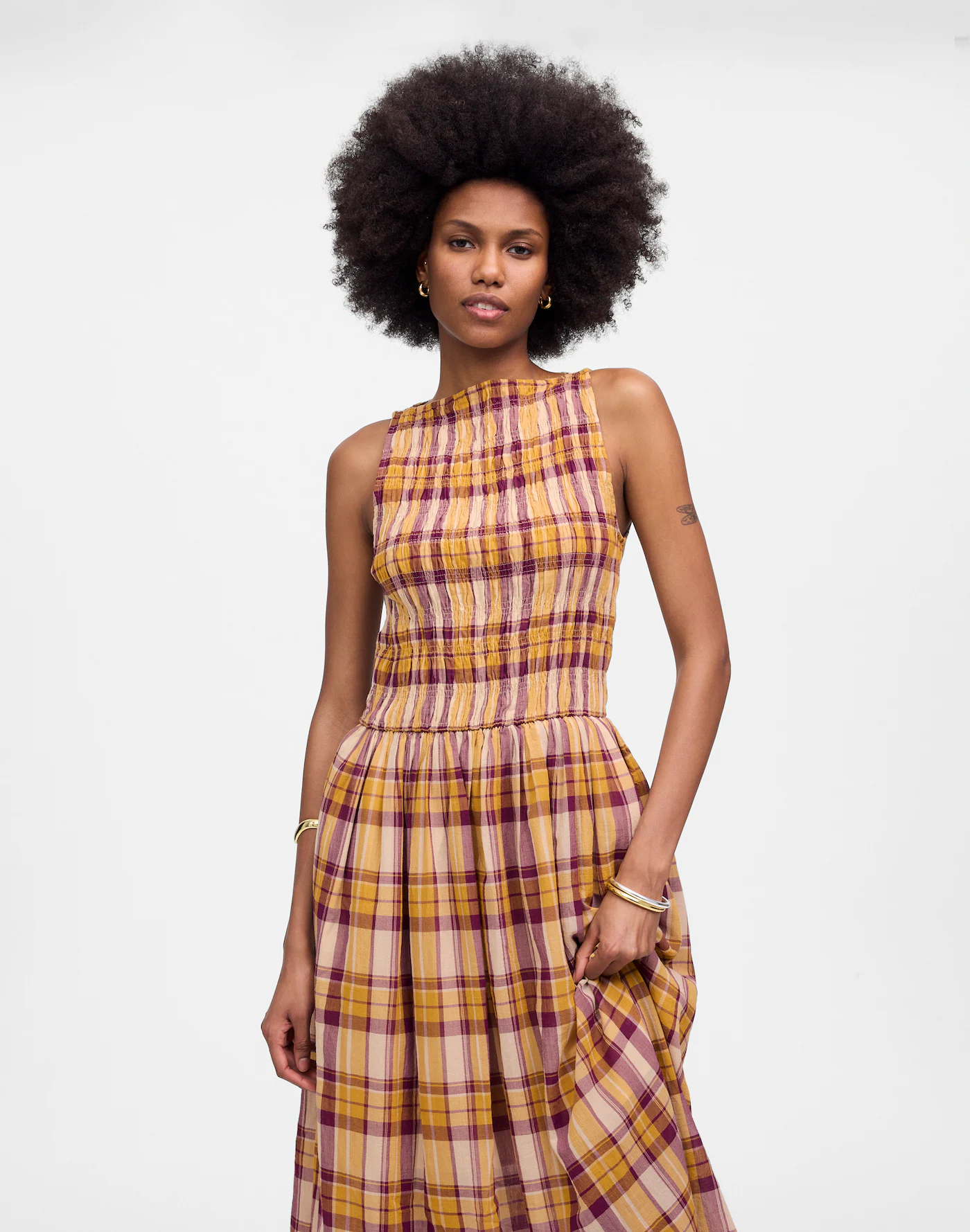 MW, Smocked Boatneck Maxi Dress in Plaid Seersucker