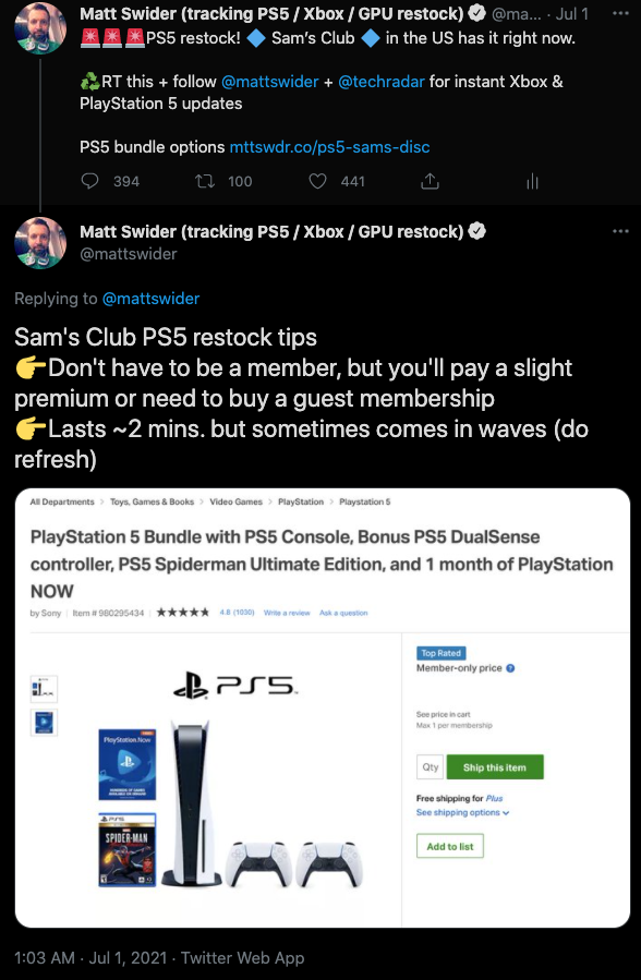 PS5 restock Sam's Club Twitter alert