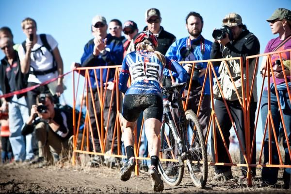 Fans cheer Katie Compton (Planet Bike) after the steps.