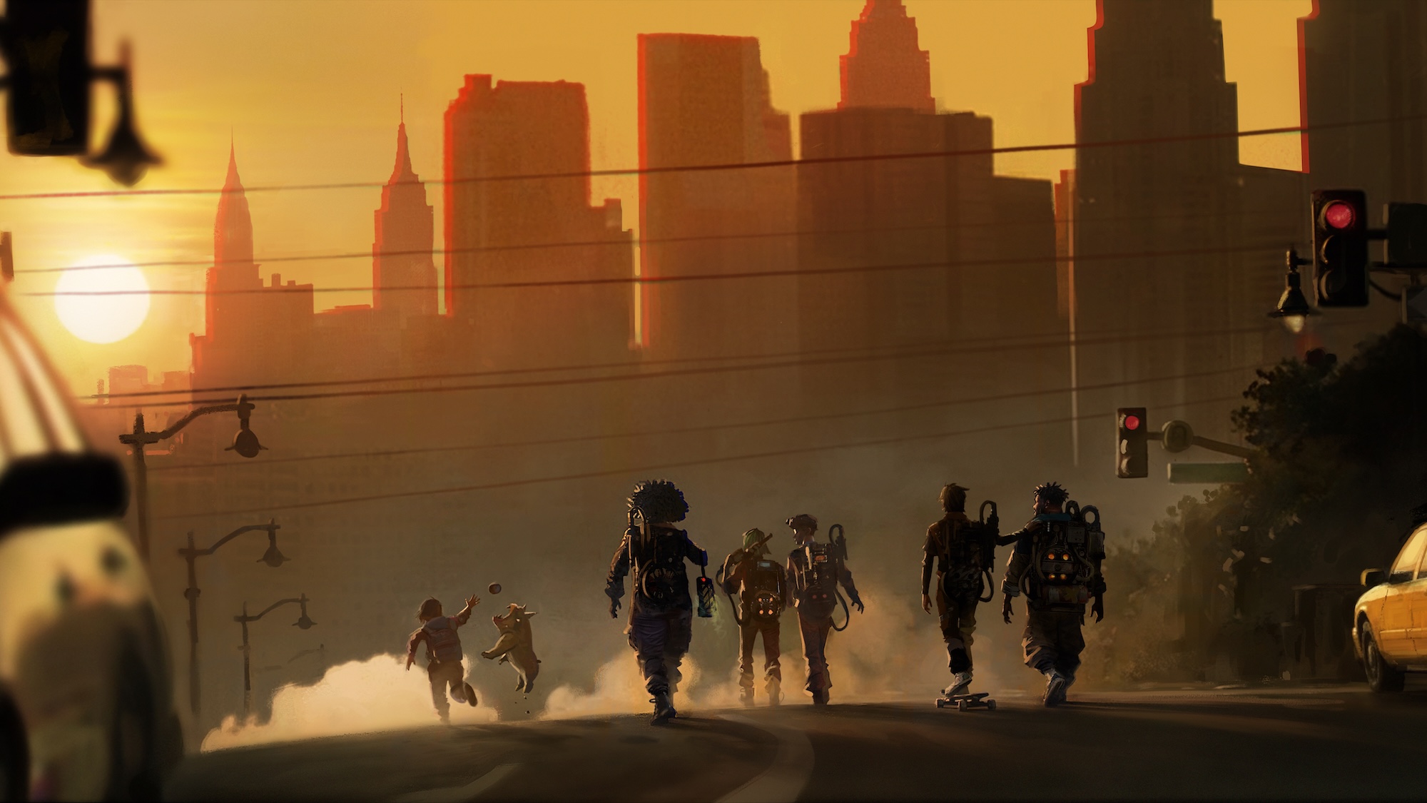 Ghostbuster characters walking towards New York City skyline as sun is going down in Ghostbusters: Night Shift