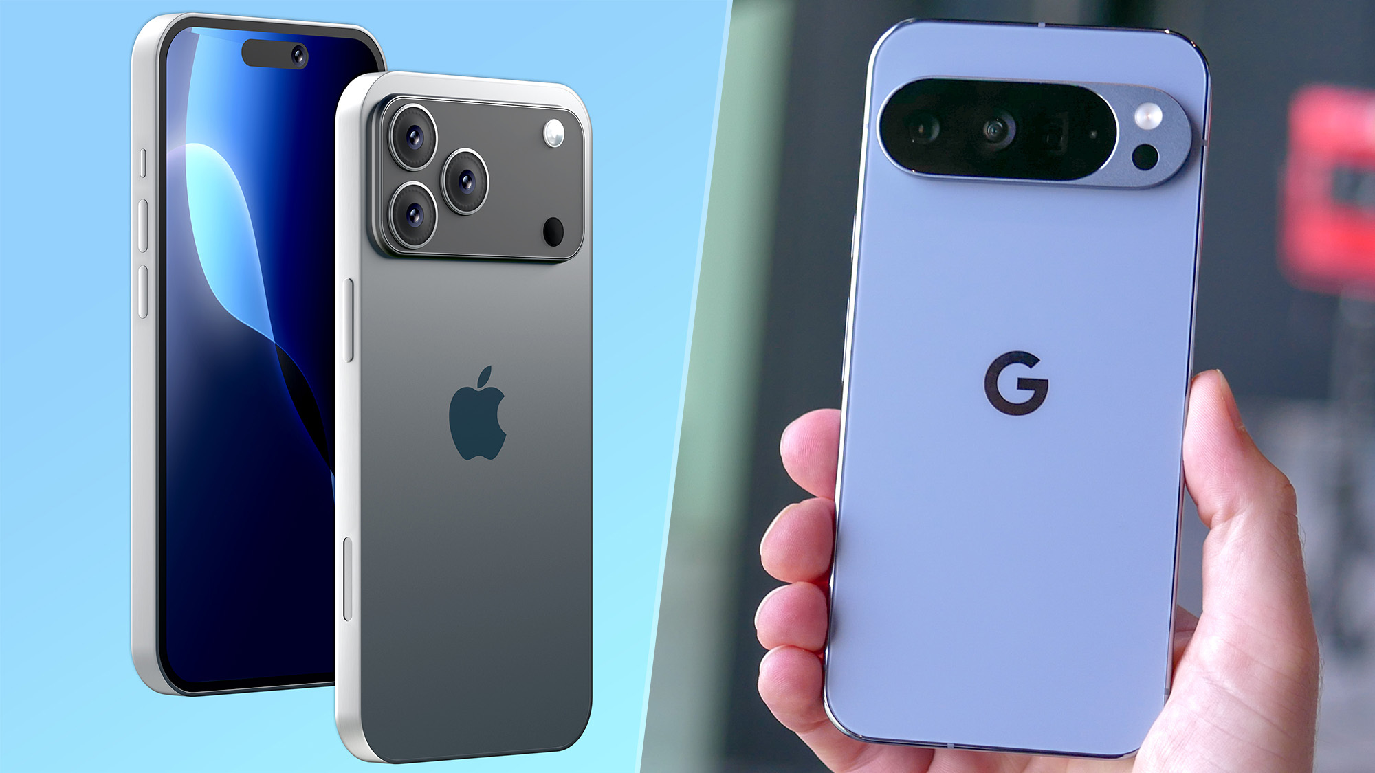 Rendered image of iPhone 17 Pro Max next to Pixel 10 Pro XL held in the hand.