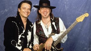 Jimmie Vaughan (left) and Stevie Ray Vaughan photographed in 1990 at the time they made the Vaughan Brothers album Family Style