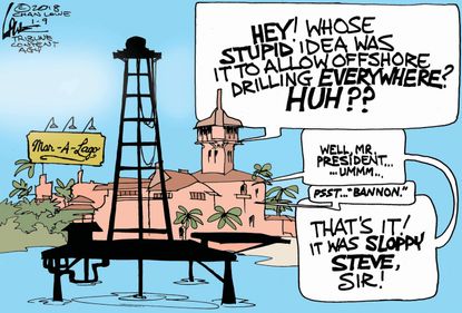 Political cartoon U.S. offshore drilling oil Mar a Lago Bannon