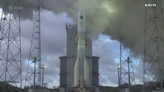A test article of Europe's new Ariane 6 rocket conducts a hot-fire test with its core-stage engine on Nov. 23, 2023