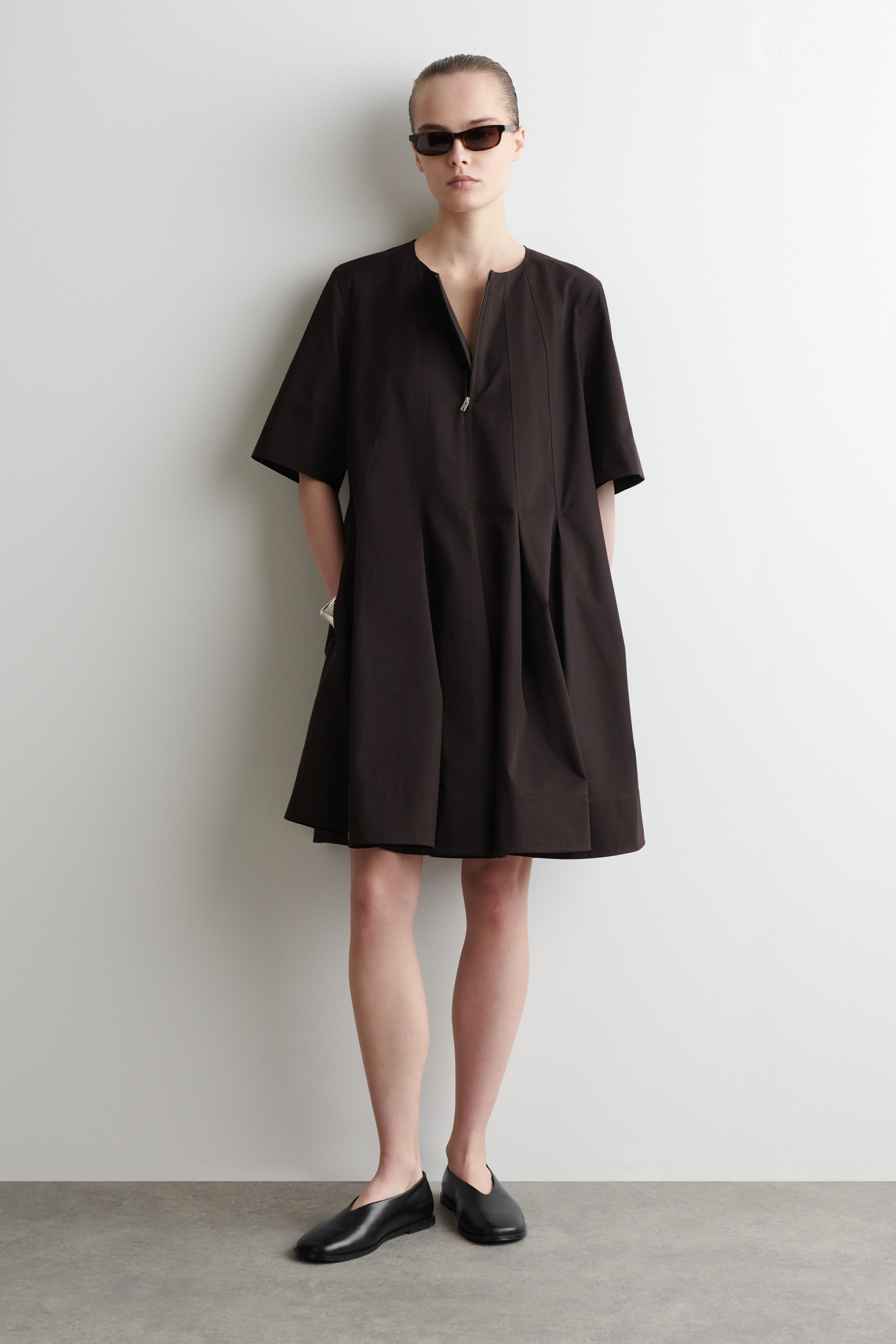 Pleated Zip-Up Cotton Mini Dress