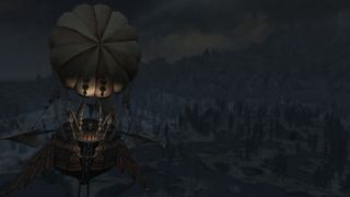 Best Skyrim mods — the player-added airship in flight over Skyrim's snowy woodland.