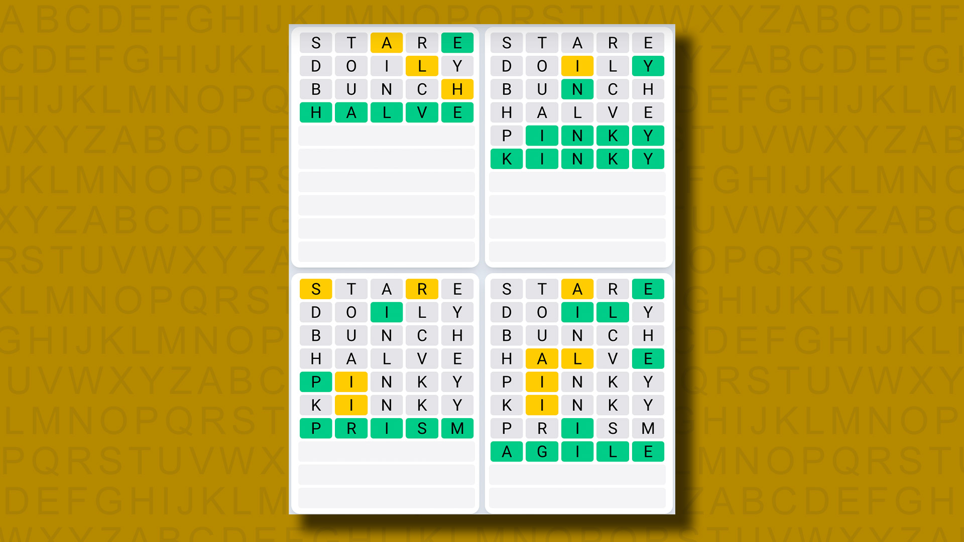 Quordle daily sequence answers for game 892 on a yellow background