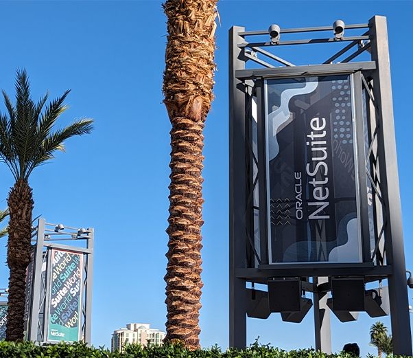 NetSuite SuiteWorld branding pictured on a banner at the Venetian Hotel in Las Vegas, Nevada.