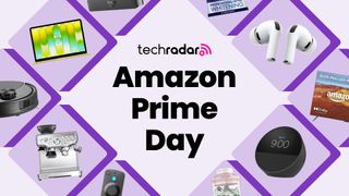 Collage of tech from the Amazon Prime Day sale including a MacBook, Sage coffee machines, AirPods and Echo Spot with the TechRadar logo in the middle