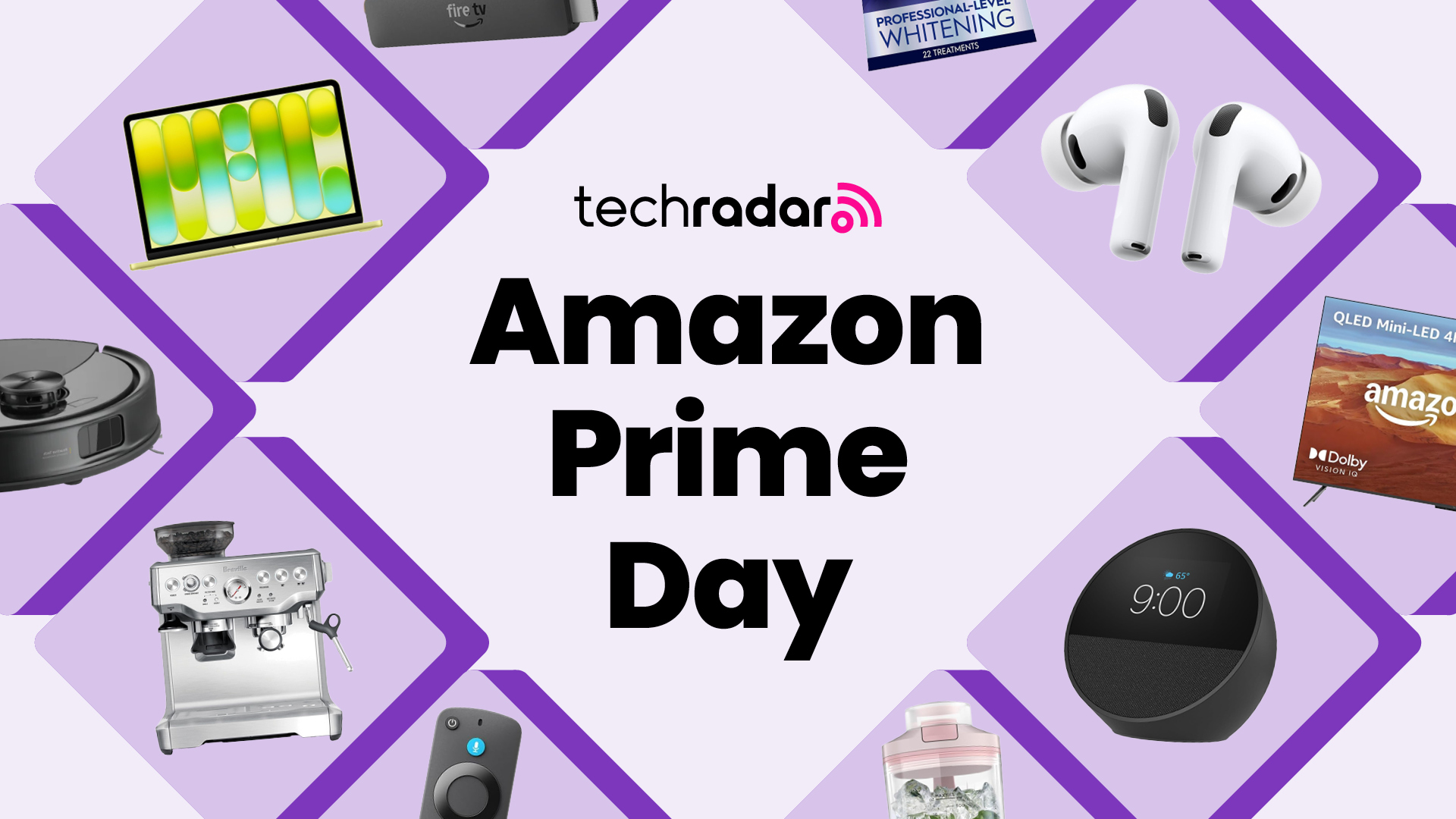 Collage of tech from the Amazon Prime Day sale including a MacBook, Sage coffee machines, AirPods and Echo Spot with the TechRadar logo in the middle