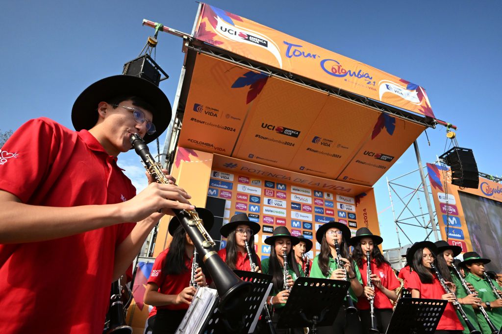 PAIPA COLOMBIA FEBRUARY 07 A band playing music prior to 4th Tour Colombia 2024 Stage 2 a 1686km stage from Paipa to Santa Rosa de Viterbo 2751M on February 07 2024 in Paipa Colombia Photo by Maximiliano BlancoGetty Images