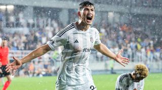 Bakhtiyar Zaynutdinov of Kazkhstan celebrates after scoring a goal for his club side, Besiktas.