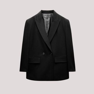 Flat lay image of black blazer