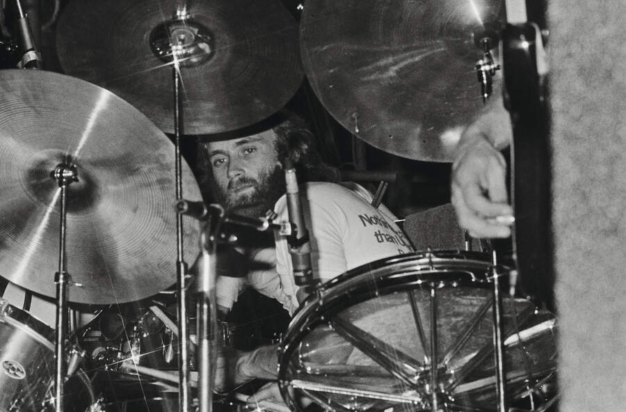 Phil Collins behind the drums while performing with Brand X at The Roundhouse, London, 31st May 1976