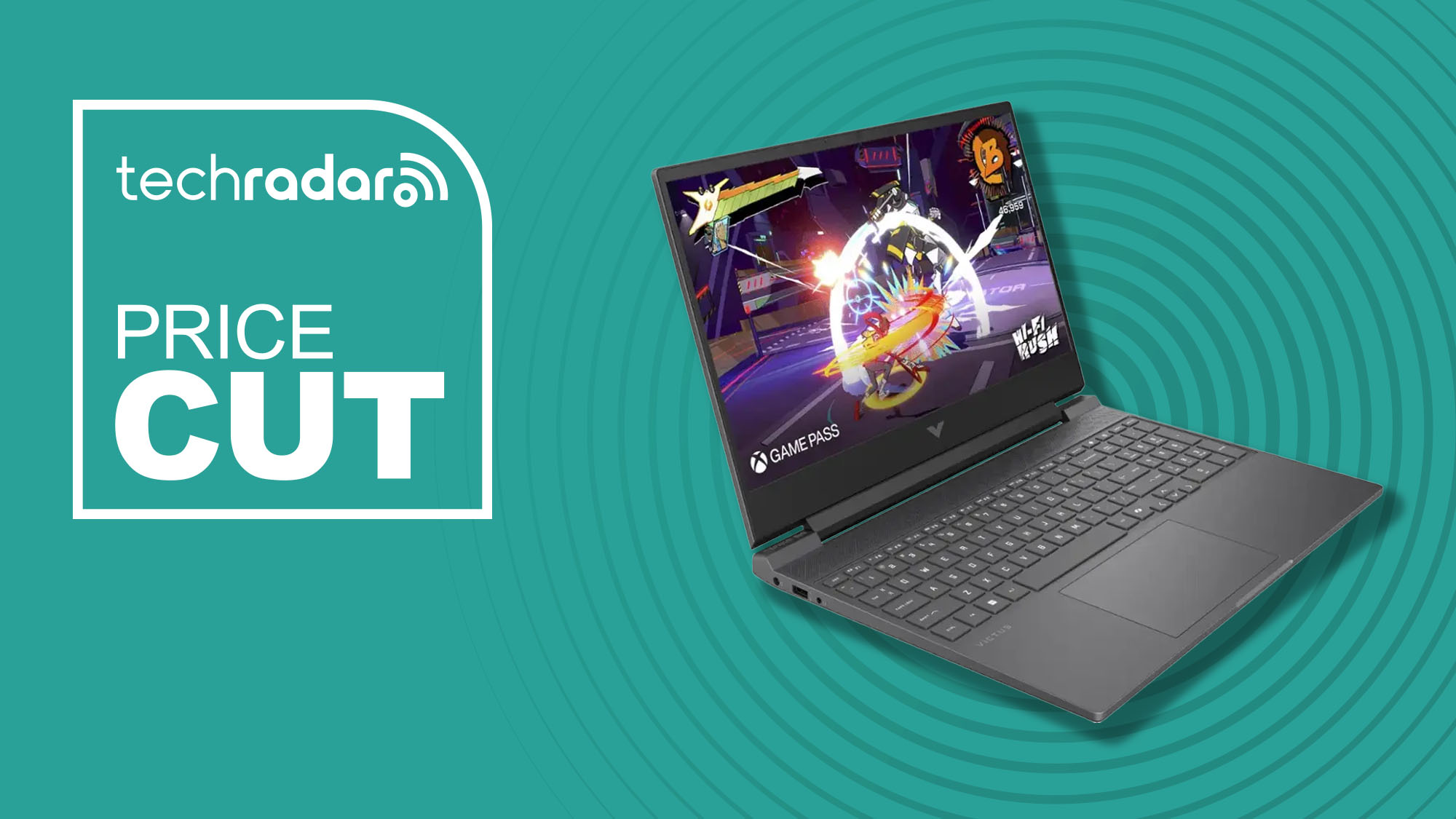 An HP Victus laptop against a teal TechRadar background