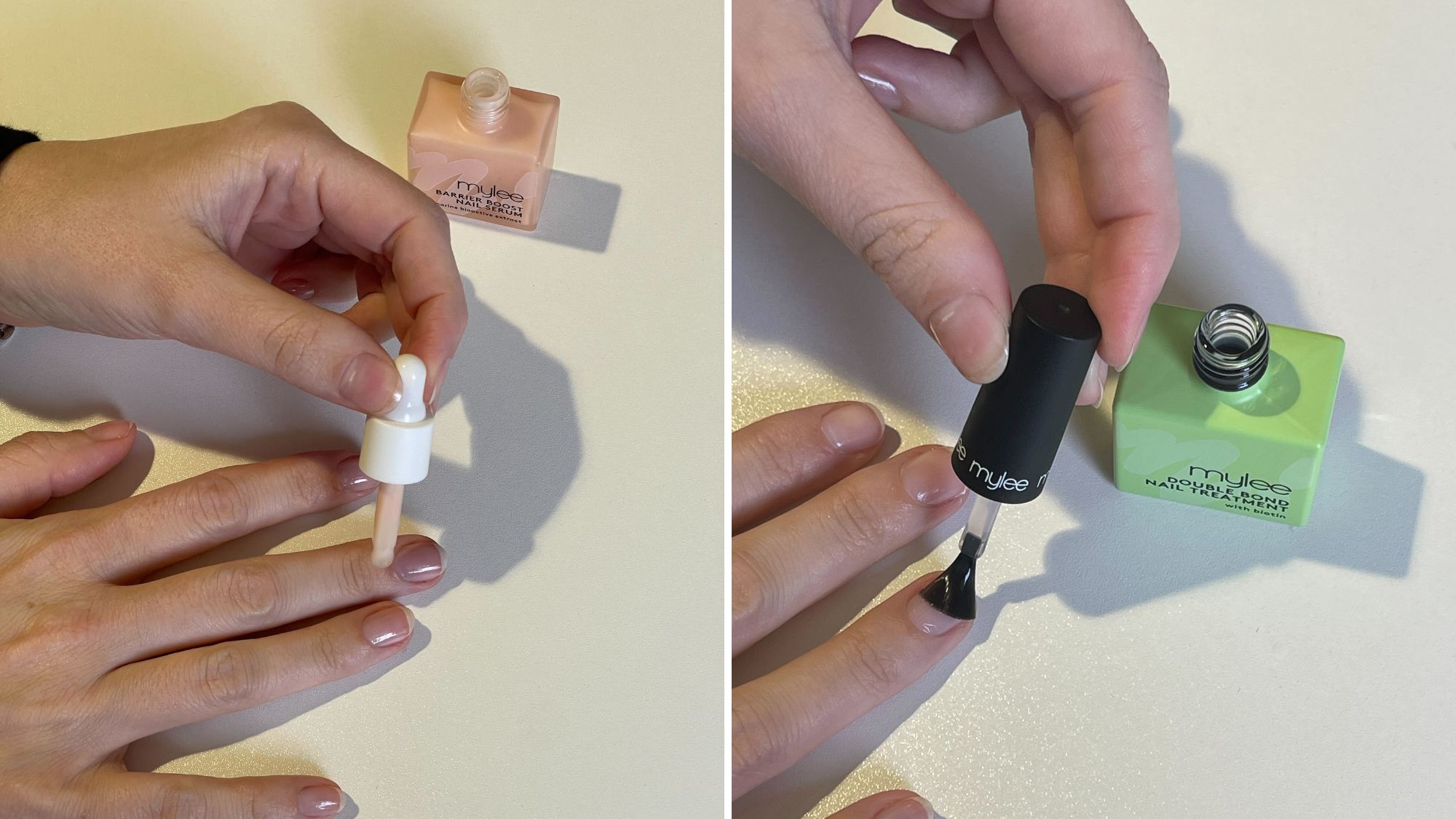 hands applying Mylee nail strengthener treatments