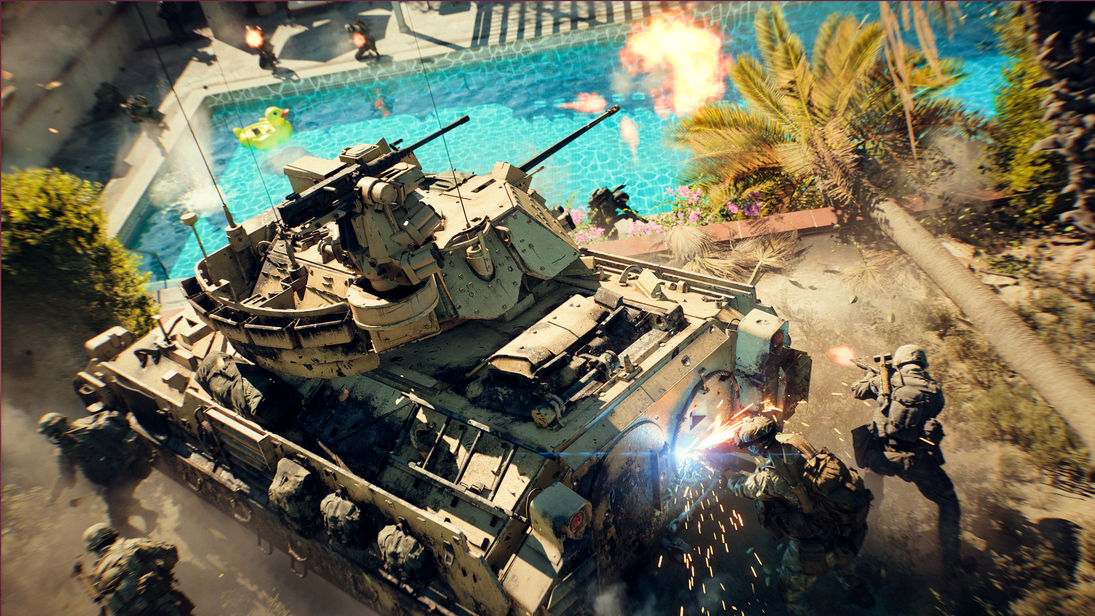 Battlefield 6 Season 1: A tank with a group of engineers repairing it while battling next to a swimming pool.