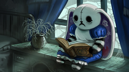 An illustration shows a plush rabbit in a blue dress and white apron reading a leather bound book