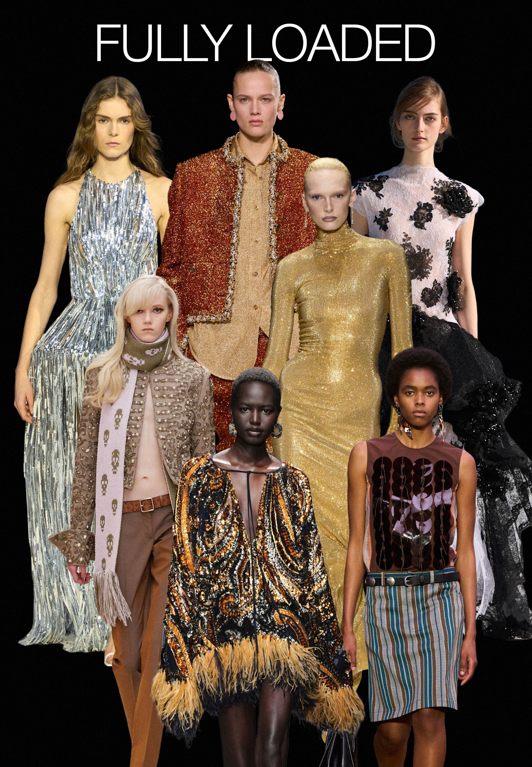 Collage of models on the autumn/winter 2026 runways at Stella McCartney, McQueen, Marni, Chanel, Dior, Schiaparelli, Etro wearing the 'fully loaded' trend, with heavy embellishments, fringe and feather.