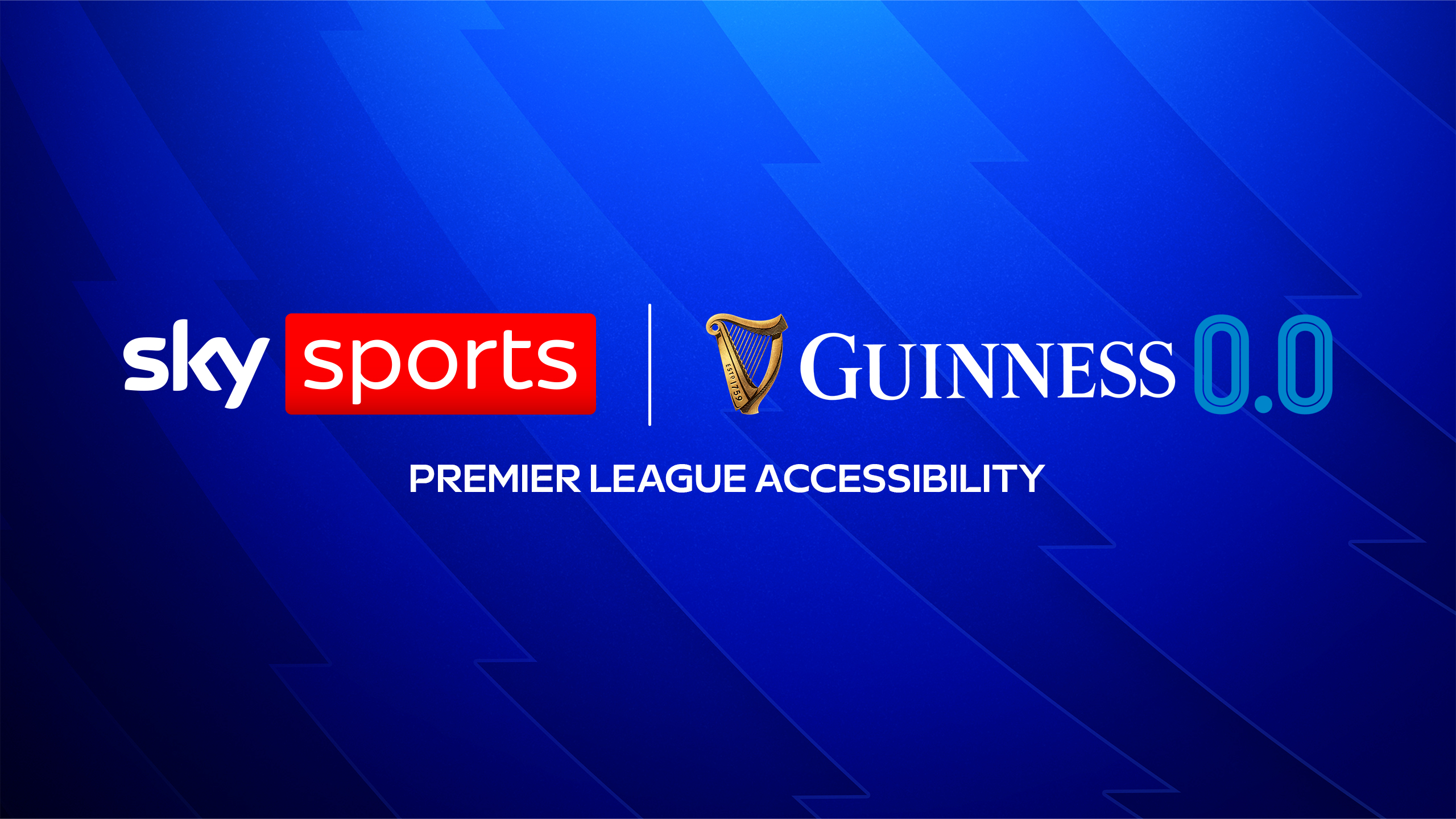 Blue background with lighter zigzags. The text in the centre reads 'Premier League Accessibility', with the Sky Sports and Guinness 0.0 logo above