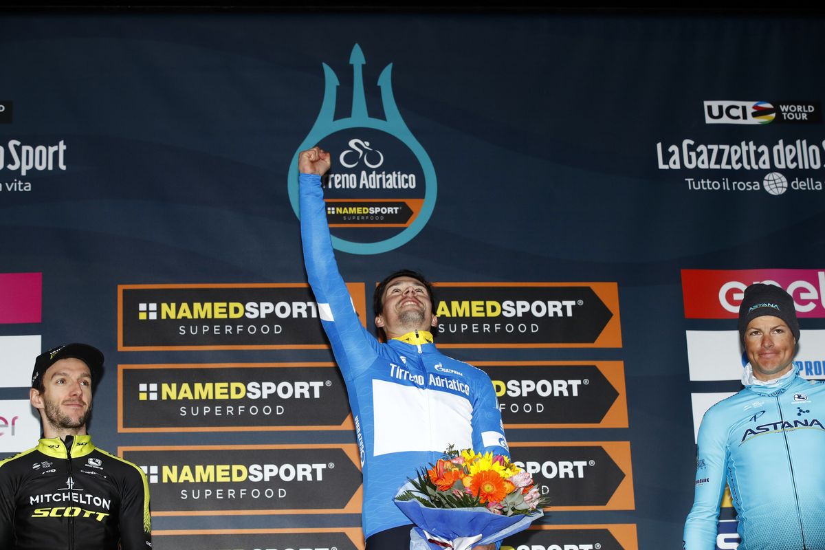 Celebrations for Roglic on the podium
