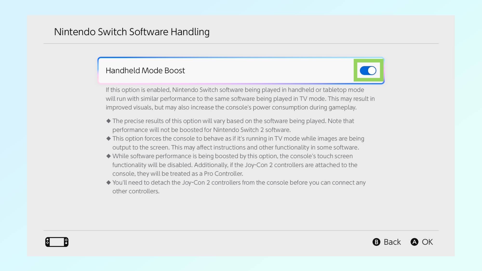 تصویر نحوه فعال کردن حالت Boost دستی در نینتندو سوییچ 2 را نشان می دهد