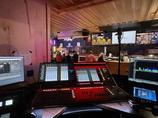 The venue’s DiGiCo Quantum225 console provides both the FOH and monitor mixes.