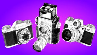Line drawing of three classic Contaflex cameras