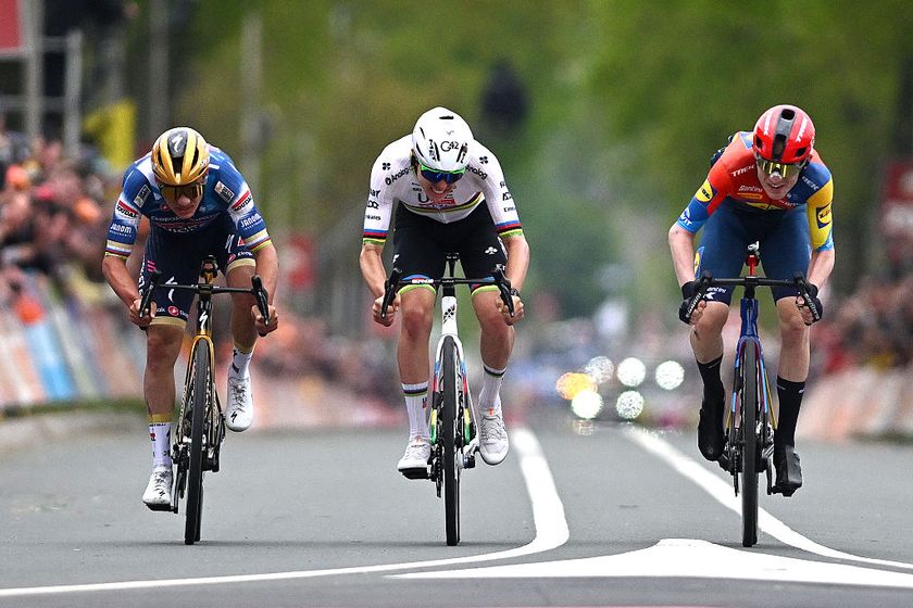 BERG EN TERBLIJT, NETHERLANDS - APRIL 20: (L-R) Remco Evenepoel of Belgium and Team Soudal Quick-Step, Tadej Pogacar of Slovenia and UAE Team Emirates - XRG and race winner Mattias Skjelmose of Denmark and Team Lidl - Trek sprint at finish line during the 59th Amstel Gold Race 2025 a 255.9km one day race from Maastricht to Berg en Terblijt / #UCIWT / on April 20, 2025 in Berg en Terblijt, Netherlands. (Photo by Luc Claessen/Getty Images)
