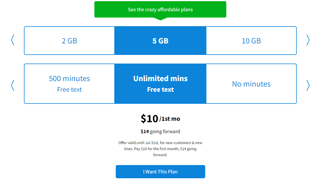 Tello Mobile website screenshot of plans and prices