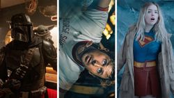 Split image showing three upcoming sci-fi movies: Left - The Mandalorian &amp; Grogu, Middle - Project Hail Mary, Right - Supergirl