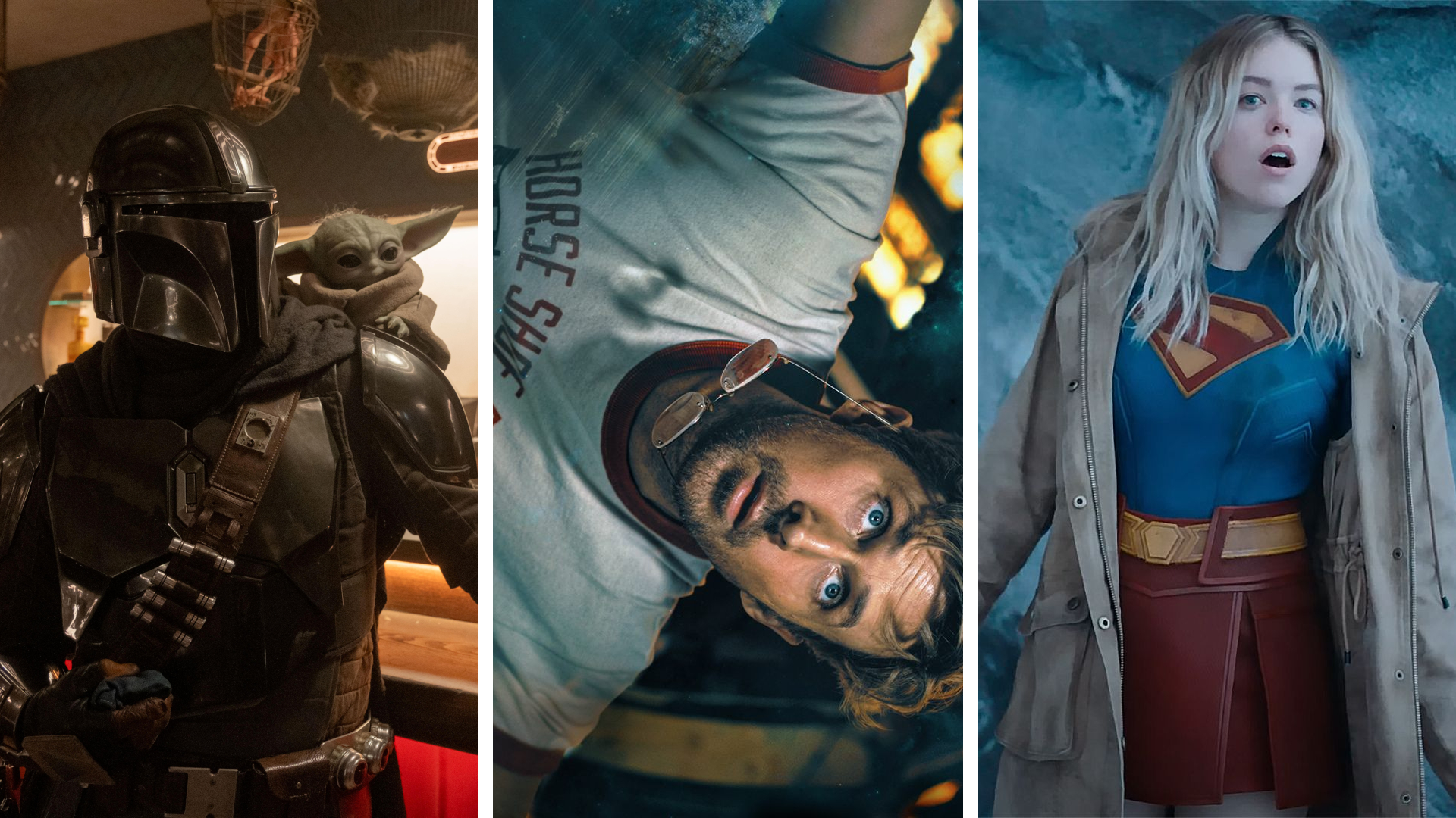 Split image showing three upcoming sci-fi movies: Left - The Mandalorian &amp; Grogu, Middle - Project Hail Mary, Right - Supergirl