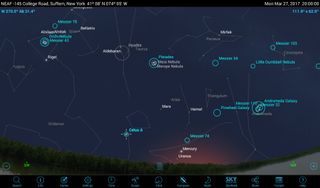 The SkySafari 5 app can display circles around classes of objects, including all the Messiers. This image shows the evening sky at 8 p.m. on March 27, 2017, the last evening of Messier Marathon season, when all 110 objects can be viewed in a single night. To do the marathon, you will need to observe the galaxies Messier 74 and Messier 77 (aka, Cetus A) first, before they set.