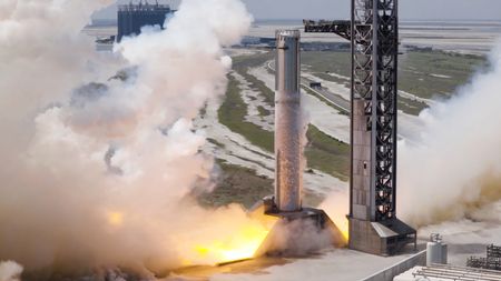 SpaceX conducts a static fire test with the Super Heavy booster that will conduct Starship's 14th test flight. The company released this imager on Aug. 28, 2026.