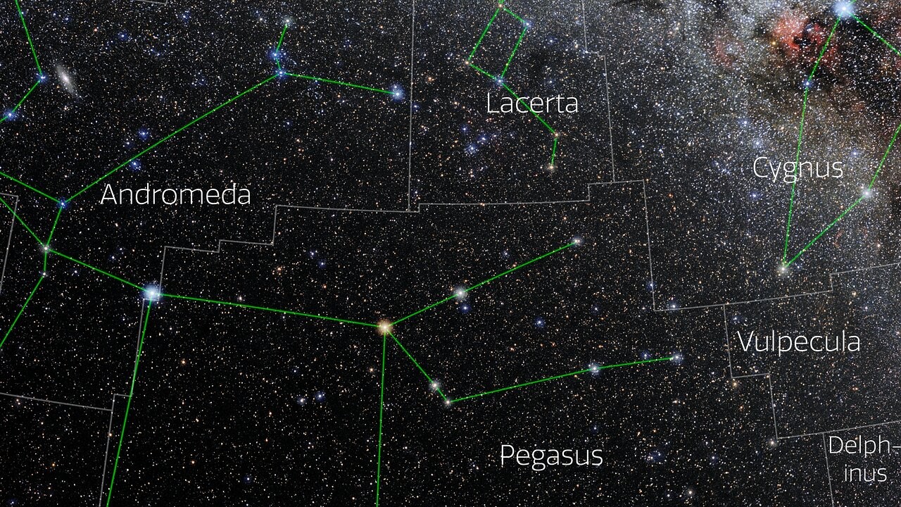 Star map showing the constellations Andromeda, Lacerta, Cygnus, Vulpecula, Pegasus, and Delphinus overlaid on a view of the night sky.