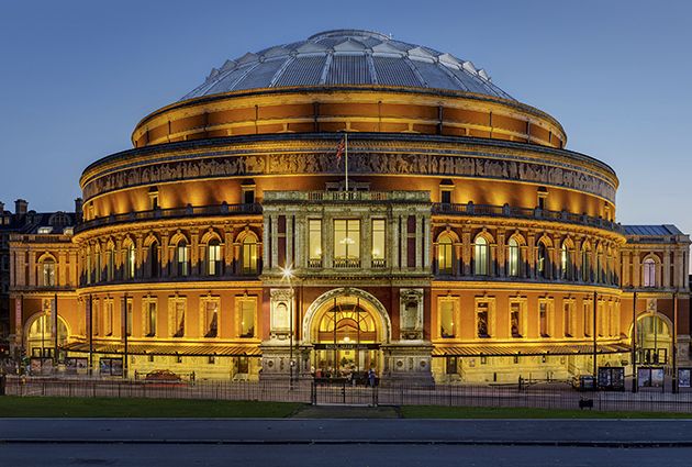 North facing entrance of the Royal Albert Hall at dusk.