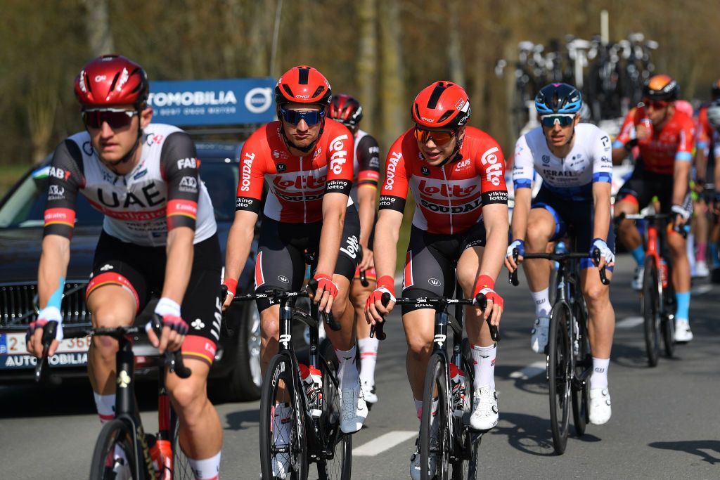 DE PANNE BELGIUM MARCH 23 LR Brent Van Moer of Belgium and Florian Vermeersch of Belgium and Team Lotto Soudal compete during the 46th Minerva Classic Brugge De Panne 2022 a 2079km stage from Brugge to De Panne MinervaClassic on March 23 2022 in De Panne Belgium Photo by Luc ClaessenGetty Images