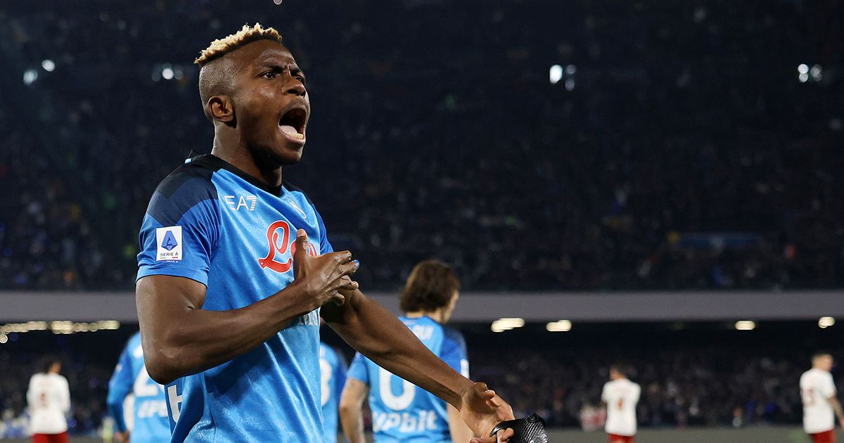 Manchester United target Victor Osimhen of SSC Napoli celebrates after scoring the 1-0 goal during the Serie A match between SSC Napoli and AS Roma at Stadio Diego Armando Maradona on January 29, 2023 in Naples, Italy.