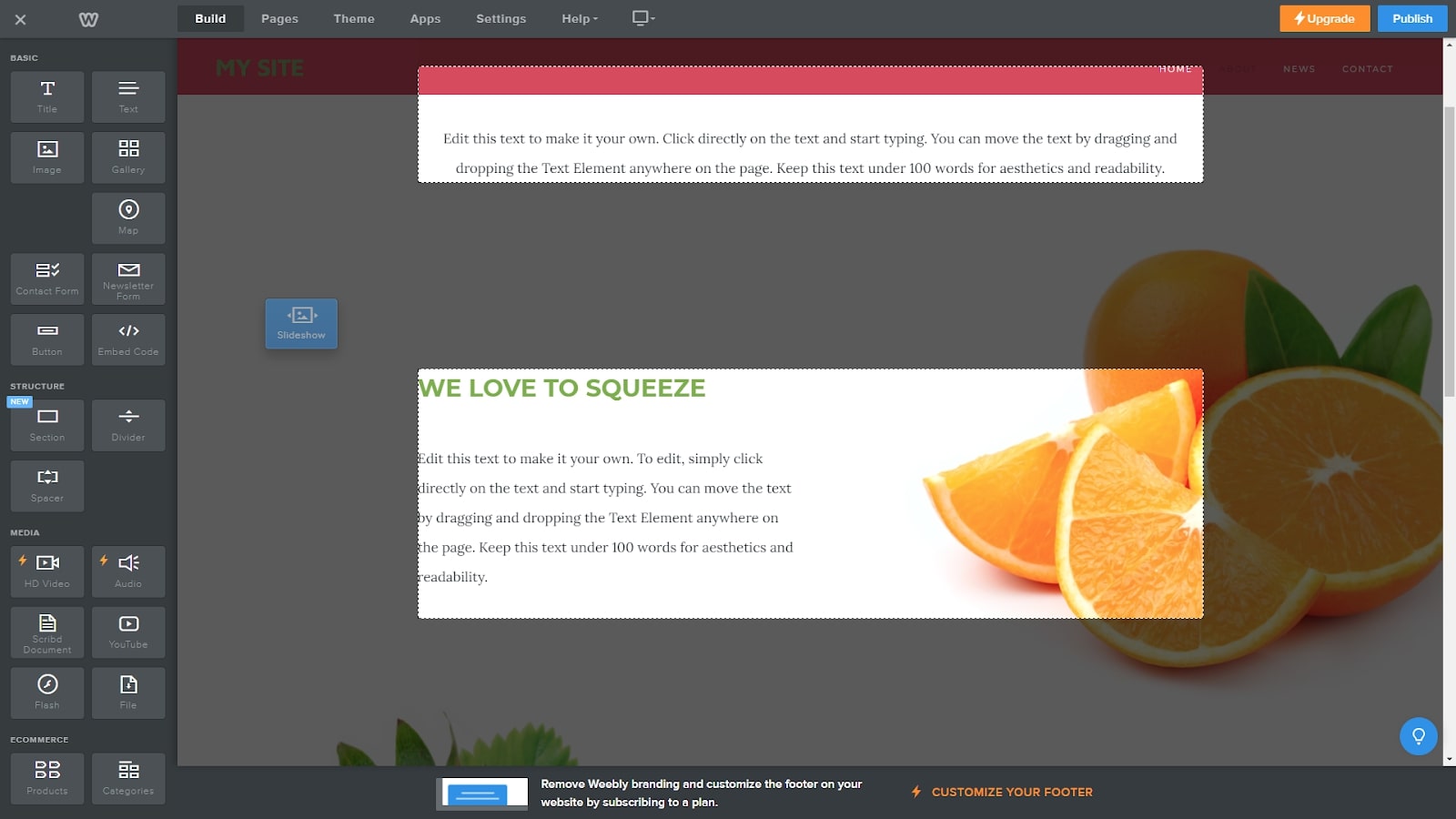 Weebly's drag-and-drop editor in use