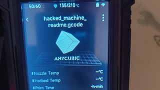 One of the impacted Anycubic 3D printers, pointing users to a readme file alerting them of the issue.