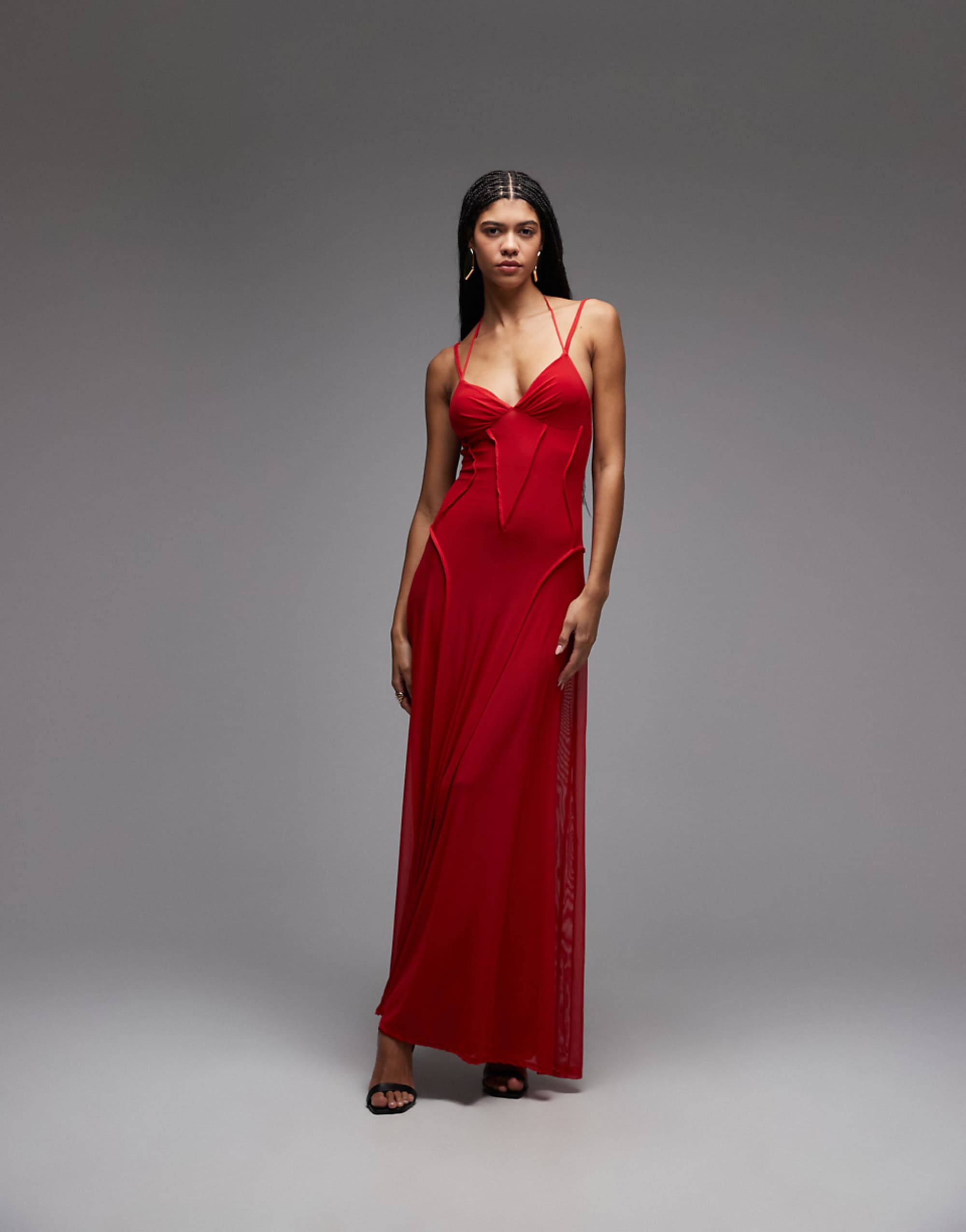 Asos Design Mesh Maxi Dress With Exposed Seam Detail in Red