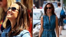 Two photos of Pippa Middleton wearing denim and sunglasses