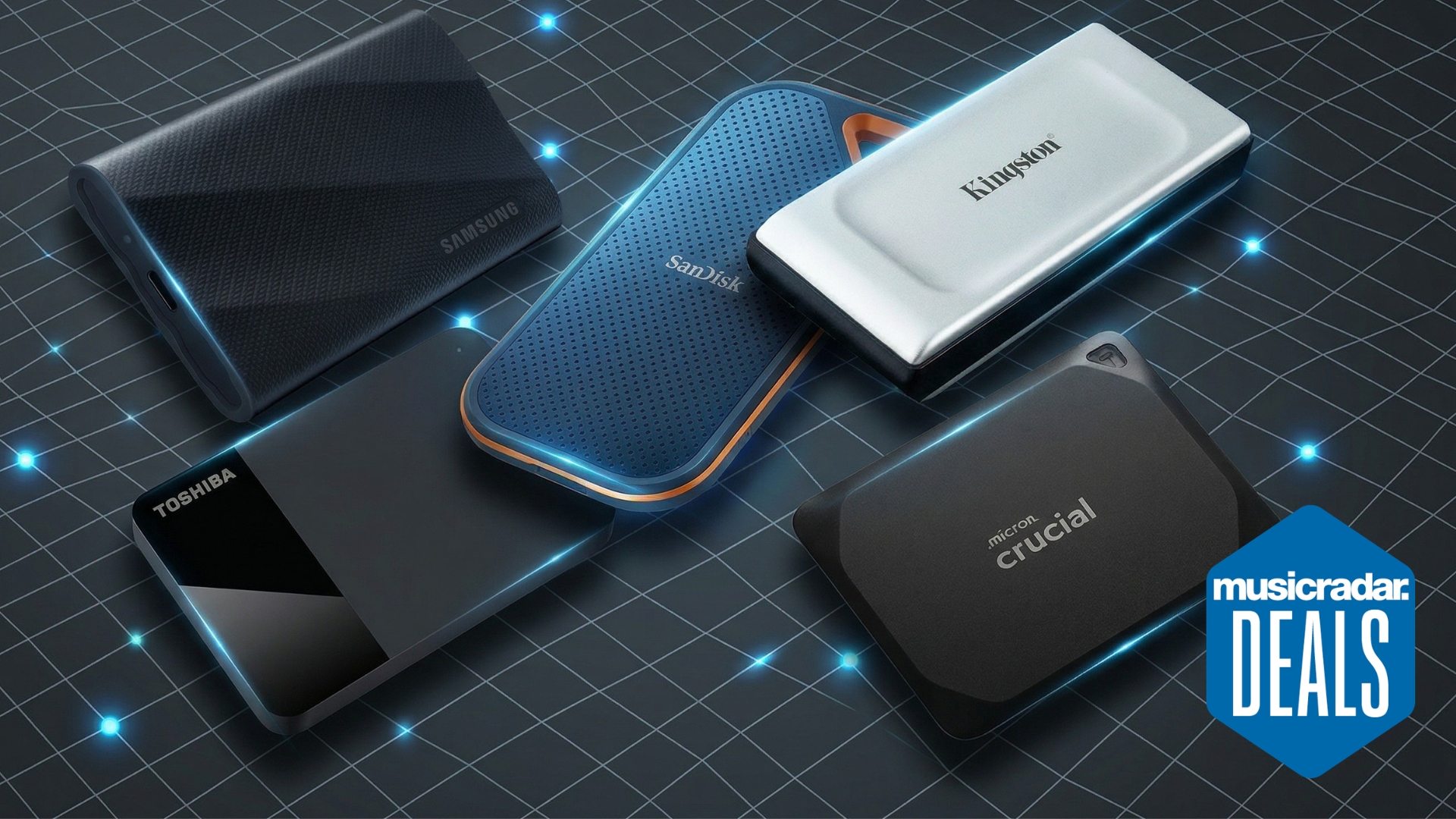 A selection of external hard drives on a futuristic, grid style backdrop