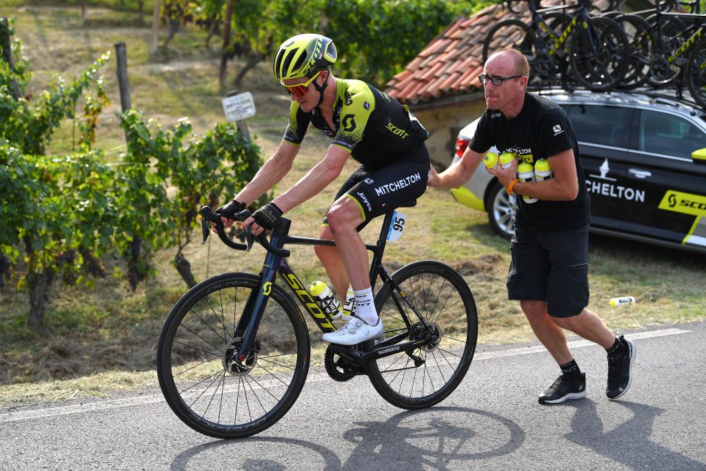 BAROLO ITALY AUGUST 12 Callum Scotson of Australia and Team MitcheltonScott Stopped due cramps Soigneur Breakaway during the 104th Giro del Piemonte 2020 a 187km race from Santo Stefano Belbo to Barolo 294m GranPiemonte GranPiemonte on August 12 2020 Barolo Italy Photo by Tim de WaeleGetty Images