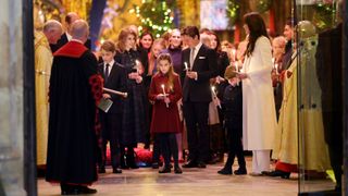 Prince George of Wales, Princess Beatrice, Sophie Winkleman, Princess Charlotte of Wales, Zara Tindall, Edoardo Mapelli Mozzi, Princess Eugenie, Prince Louis of Wales and Catherine, Princess of Wales attend The "Together At Christmas" Carol Service at Westminster Abbey on December 08, 2023