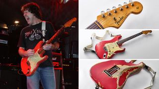 Gary Moore plays his 1960 red Fender Stratocaster during rehearsals for the 40th Anniversary of Fender show, on the right, we see glam shots of the guitar, which has just been sold at auction via Bonham's