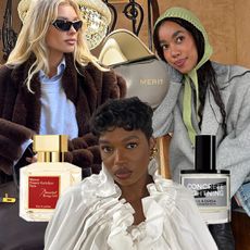 A collage with content creators and perfume bottles layered amongst them