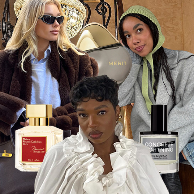 A collage with content creators and perfume bottles layered amongst them