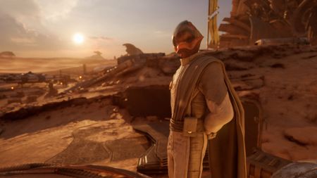 An alien looks out across a desert planet with us in Star Wars: Galactic Racer