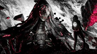 A woman stands with her back to the camera in the foreground as a giant puppet-like woman peers over the edge of a cliff facing her. They are in battle. A screenshot from The Time I Have Left.